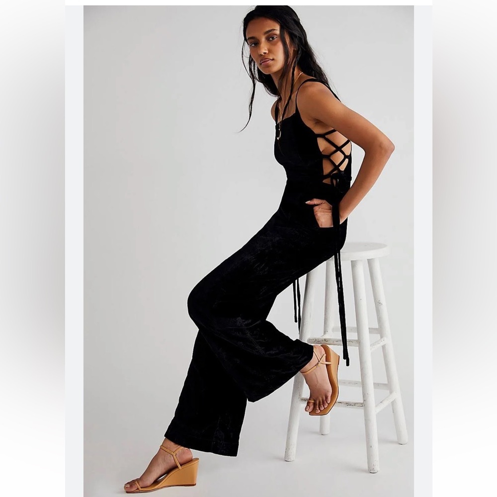 Free People Black Velvet Strappy Back Jumpsuit - Picture 2 of 13